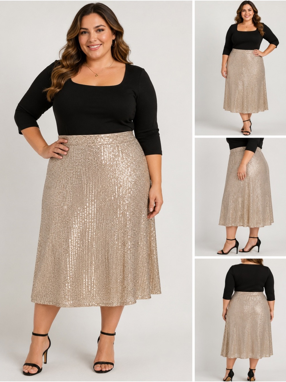 Plus Size Sequin Midi Skirt in Champagne